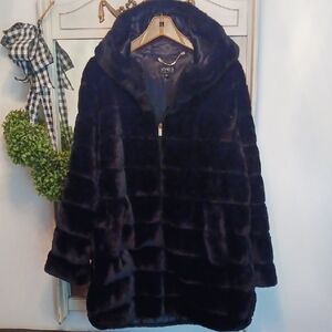 Elegant ⚜️ Jones New York Hooded Black Jacket/Coat  Plush Faux Fur Zip Front  XL